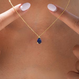 Sapphire Necklace, Genuine Gemstone Necklace, September Birthstone, Pear Shaped Tiny Teardrop Pendant, Silver Sapphire Birth month Necklace