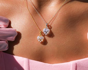 Best Friend Necklace for 2, Pink Opal Necklace, Princess Puffy Heart Pendant Necklace Set, Rose Quartz Necklace, Mini Heart Diamond Castle