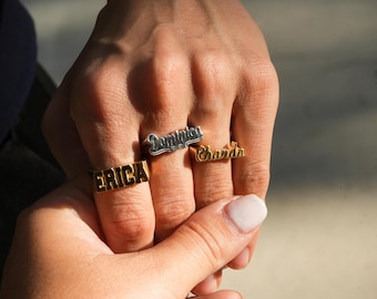 14k Gold Name Ring ,Custom Initial Ring for Mothers Day, Dainty Name Plate Personalized Gift, 3d Name Signet Ring, Sterling Silver Name Ring