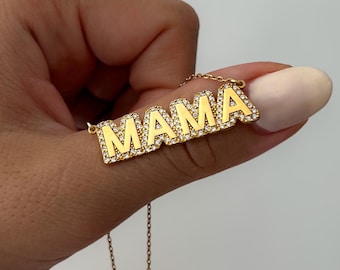 14k Gold Name Necklace, Pave Diamond Dainty Nameplate Letter Balloon Pendant