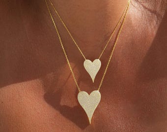 Pave Heart Necklace, Puffy Heart Necklace, Pave Diamond Large Heart Necklace, Elongated Heart Necklace, Mini Heart Pendant Love Necklace