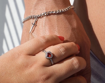 Couples Bracelets Rings, Silver Red Heart Ring and Sword Bracelet, Couples Bracelets fit together, Matching Couples Jewelry, Gift for Couple