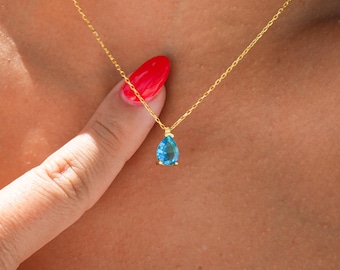 Dainty Blue Topaz December Necklace, Genuine Gemstone Necklace, Tiny Birthstone, Pear Teardrop Pendant, Blue Topaz Birth month Necklace