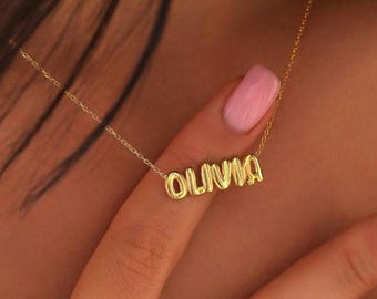 3D Bubble Name Necklace for, 14k Gold Bubble Letter Name plate