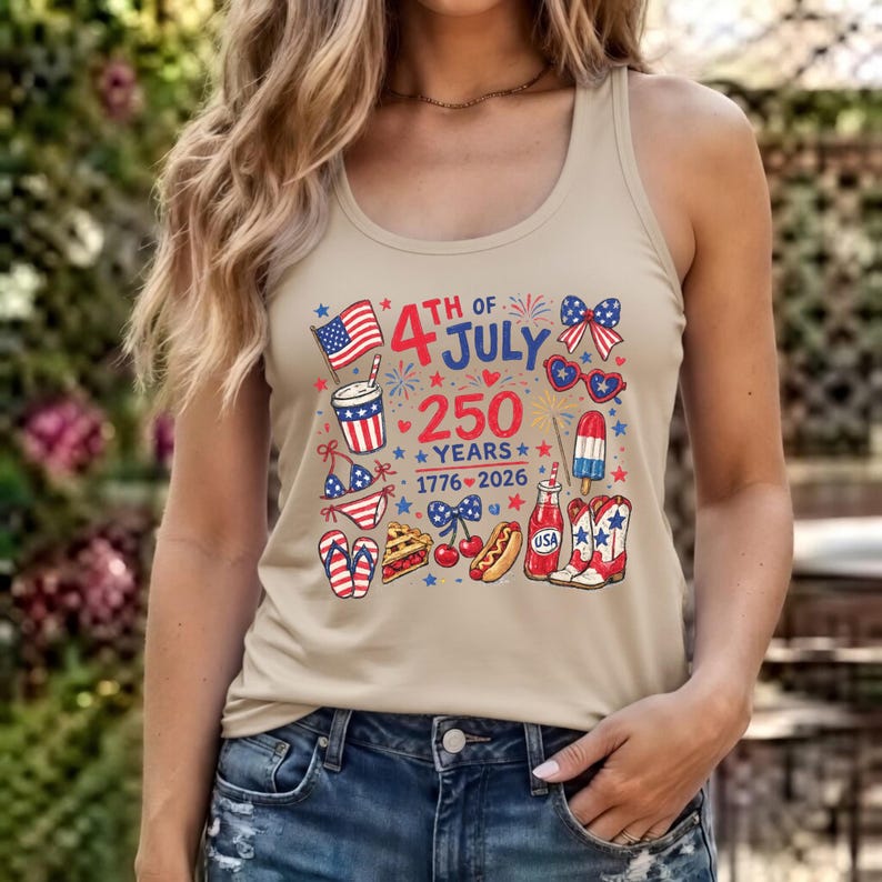 A woman wearing a tank top with a graphic design celebrating the 4th of July and the 250th anniversary of the United States.