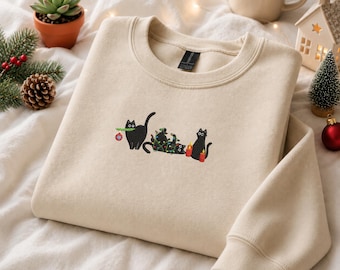 Embroidered Christmas Cat Sweatshirt, Funny Holiday Hoodie, Christmas Embroidery Sweatshirt