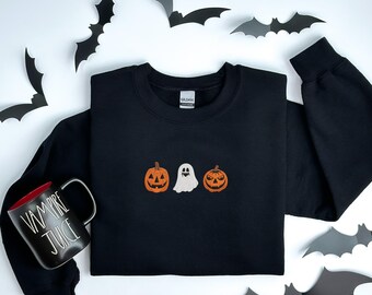 Embroidered Halloween T-Shirt, Spooky Ghost & Pumpkin Shirt, Embroidered Halloween Tee