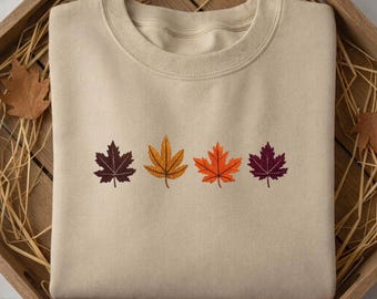 Sudadera con bordado de hojas de otoño, jersey con diseño de hojas de otoño, sudadera con capucha acogedora para otoño, sudadera para amantes de la naturaleza, camisa de temporada de cosecha.