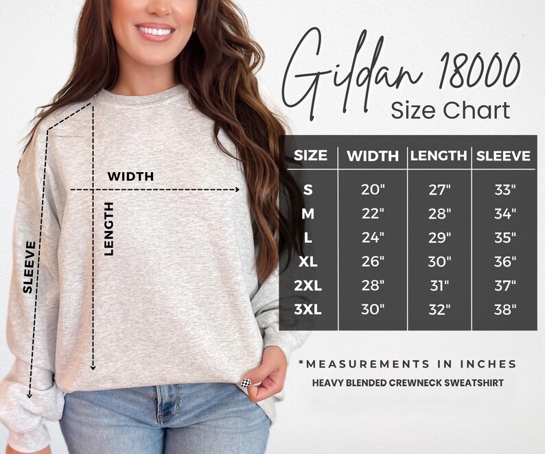 A woman wearing a Gildan 18000 crew neck sweatshirt is shown in the image, with a size chart and measurements for different sizes.