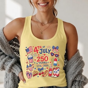 A woman wearing a yellow tank top with a graphic design celebrating the 4th of July and the 250th anniversary of the United States.