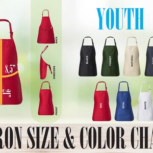 May include: Youth size apron color chart with 11 different colors: black, forest, natural, navy, red, royal, white, and more. The apron is 21 inches long and 8.5 inches wide.