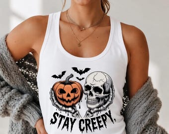 Stay Creepy Skull Pumpkin Halloween Tank Top, Skeleton Pumpkin Graphic Racerback Tank, Halloween Gift, Women's Racerback Tank Top