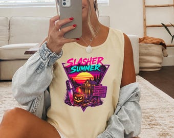 Slasher Summer Tank Top, Retro Horror Camp Tank Top, 80s Halloween Shirt, Summerween Tee, Spooky Camp Tee, Vintage Slasher