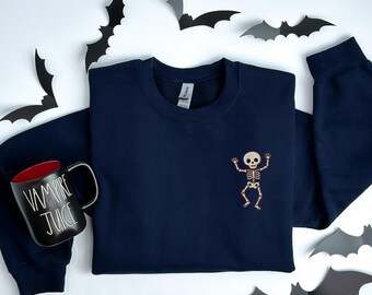 Embroidered Dancing Skeleton Sweatshirt, Halloween Night Sweatshirt, Halloween Season Skeleton Sweater, Vintage Gothic Halloween Shirt