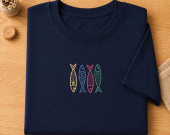 Embroidered Retro Sardines Shirt, Embroidered Fish Shirt, Beachy Vibes Embroidery T-Shirt, Colorful Sardine Embroidery Shirt