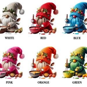 May include: Six gnomes, each wearing a different color hat, are stirring a pot of colorful liquid. The gnomes are wearing white, red, blue, pink, orange, and green hats. Each gnome is holding a whisk and a spoon. The gnomes are standing on a white background.