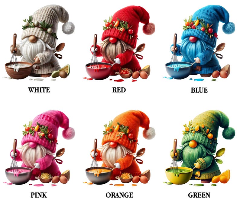 May include: Six gnomes, each wearing a different color hat, are stirring a pot of colorful liquid. The gnomes are wearing white, red, blue, pink, orange, and green hats. Each gnome is holding a whisk and a spoon. The gnomes are standing on a white background.