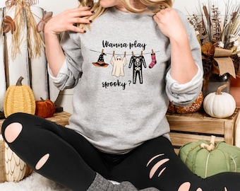Wanna Play Spooky T-Shirt, Halloween Ghost Shirts, Skeleton Costume Sweatshirt, Witchy Clothesline Trick Or Treat Tee