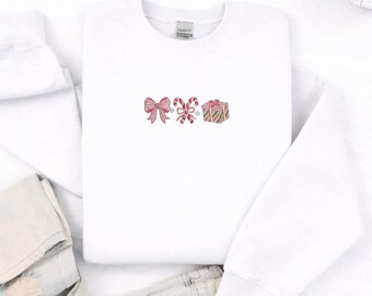 Embroidered Merry Christmas Shirt, Embroidery Christmas Icon's Shirt, Christmas Gift Candy Cane Stick Coquette Embroidered Shirt