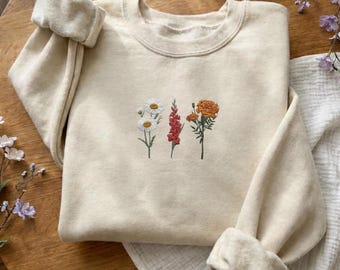Embroidered Birth Month Birth Flower Sweatshirt, Embroidered Birth Flower Crewneck, Birth Month Flower Hoodie, Custom Gift for Mama Mom