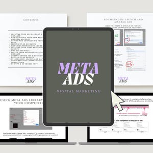 May include: A digital marketing concept featuring a tablet displaying "META ADS DIGITAL MARKETING" in purple and white text. Two laptops and printed documents with related content surround the tablet, including the text "CONTENTS" and "ADS MANAGER".