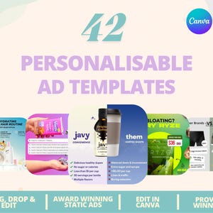 May include: An advertisement graphic with the number 42 and the text "PERSONALISABLE AD TEMPLATES". The graphic includes several product advertisements, including coffee, hair care, and underwear. The Canva logo is in the upper right corner.