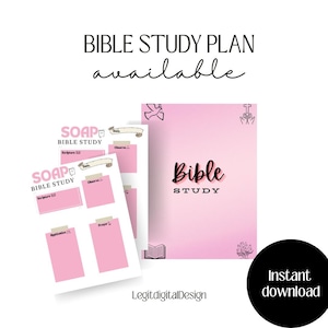 May include: Printable Bible study planner with pink and white background. The planner includes a SOAP method for Bible study with sections for Scripture, Observe, Apply, and Pray. The text "Bible Study" is written in black on a pink background. The text "Instant download" is written in white on a black background.