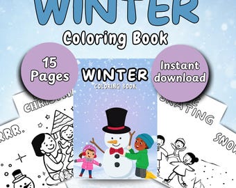 Peut inclure: Un livre de coloriage en noir et blanc sur le thème de l'hiver. La couverture représente un bonhomme de neige avec un chapeau haut de forme noir et une écharpe rouge. Le titre du livre est "Winter Coloring Book". Le livre comporte 15 pages et est disponible en téléchargement instantané.