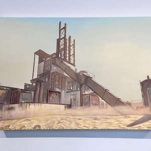 May include: A painting of a large industrial building with a long metal conveyor belt. The building is made of concrete and metal and has a rusty appearance. The conveyor belt is empty and extends out of the frame of the painting.