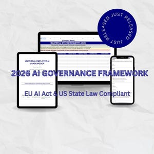 Op de afbeelding: Een digitale weergave op een laptop, tablet en smartphone, met een 2026 AI Governance Framework. De tekst bevat "MASTER AI SYSTEM REGISTRY (2026)" en "EU AI Act & US State Law Compliant". Een blauwe cirkel met "JUST RELEASED" is ook aanwezig.