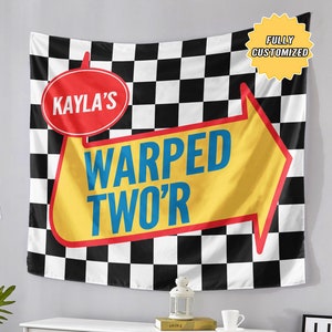 May include: A black and white checkered tapestry with a yellow and red arrow sign that says "WARPED TWO'R" and a red circle with the text "KAYLA'S". The tapestry has a "FULLY CUSTOMIZED" tag in the top right corner.