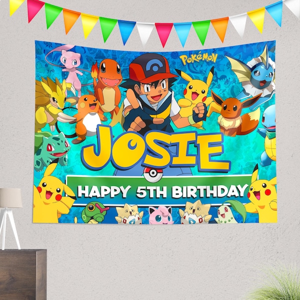 Banner personalizado de Pokémon para fiesta de cumpleaños / Decoración personalizada para fiesta de cumpleaños de Pokémon / Tapiz decorativo para fotos de Pikachu infantil