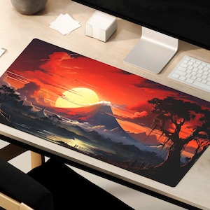 May include: A red, orange, and yellow sunset over a mountain range with a large, bright sun in the sky. The mountain range is silhouetted against the sunset. A large tree with dark green leaves is in the foreground. The image is a digital illustration.