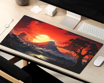May include: A red, orange, and yellow sunset over a mountain range with a large, bright sun in the sky. The mountain range is silhouetted against the sunset. A large tree with dark green leaves is in the foreground. The image is a digital illustration.