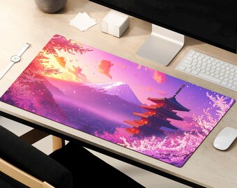 May include: A pink and purple anime-style mousepad with a Japanese pagoda, cherry blossoms, and Mount Fuji in the background.