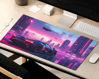 May include: A black sports car drives through a futuristic city with neon pink lights and tall buildings. The car is on a pink and purple road with a reflection of the city in the road.