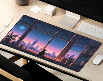 Lofi Desk Mat, Cat Mouse Pad, Cozy Themed Desk Mat, Anime Playmat, Aesthetic Japanese Mouse Mat Houseplants Cottagecore Kawaii Gaming Pad