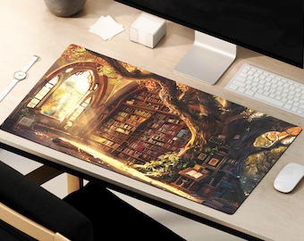 Fantasy Desk Mat, Mystical Library Mouse Pad, Bookish Deskmat, Dark Academia Mousepad, Cottagecore Playmat, Enchanted Forest TCG MTG Mat
