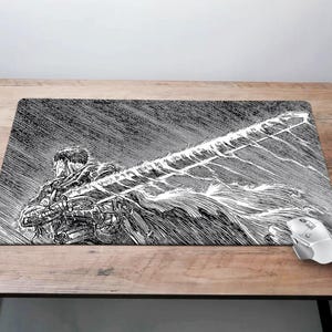 May include: Black and white illustration of a character wielding a large sword. The character is depicted in a dynamic pose, with the sword raised high above their head. The background is a dark, stormy sky.