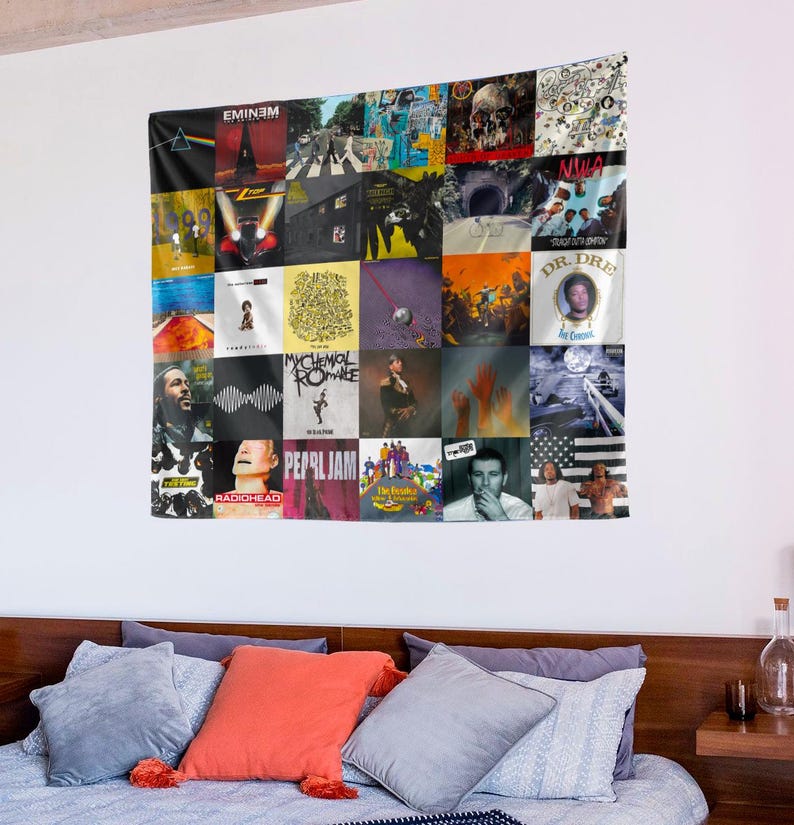 May include: A tapestry featuring a collage of album covers from various popular music artists, including Eminem, Pearl Jam, My Chemical Romance, and Dr. Dre. The tapestry is made of a soft, woven fabric and is perfect for adding a touch of personality to any room.