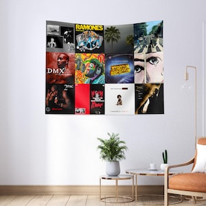 May include: A tapestry featuring album covers from various artists, including DMX, 2Pac, Ramones, and The Beatles. The tapestry is a collage of different album covers, each with its own unique design and color scheme.