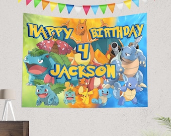 Pokemon Birthday Backdrop Custom Banner / Pokemon Themed Birthday Party Decor Personalized Sign Tapestry Decoration Photo Background Kids