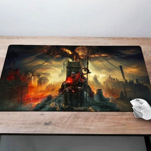 May include: A fantasy-themed mouse mat featuring a red-robed figure sitting on a throne in a fiery, apocalyptic landscape.