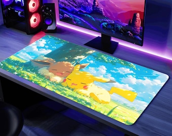 Sleeping Pikachu and Eevee Mouse Pad XL Desk Mat / Kawaii Pokemon Evolutions Gaming Playmat Gift Cute Pokemon Art Print TCG Game Mat