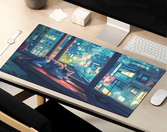 Lofi Desk Mat, Cat Mouse Pad, Cozy Themed Desk Mat, Anime Playmat, Aesthetic Japanese Mouse Mat Houseplants Cottagecore Kawaii Gaming Pad