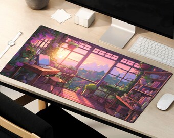 Lofi Desk Mat, Anime Mouse Pad, Cozy Themed Desk Mat, Anime Playmat, Aesthetic Japanese Mouse Mat Houseplants Cottagecore Kawaii Gaming Pad