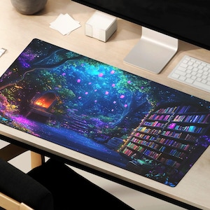 May include: A blue and purple fantasy themed mousepad with a glowing forest scene and a bookshelf filled with books.