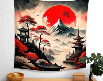 Japanese Tapestry Mt. Fuji Wall Hanging, Japan Style Art, Pagoda Mountain Bushido Tapestry, Asian Tapestry, Hokusai Banner, Japan Wall decor