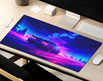 May include: A blue and purple gaming mouse pad with a retro-style car driving through a neon-lit landscape. The car is a light blue and has a pink and blue glow around it.