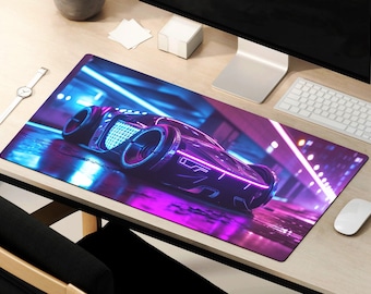 May include: A purple and blue gaming mouse pad with a futuristic car design. The car has glowing neon lights and is driving on a city street at night.